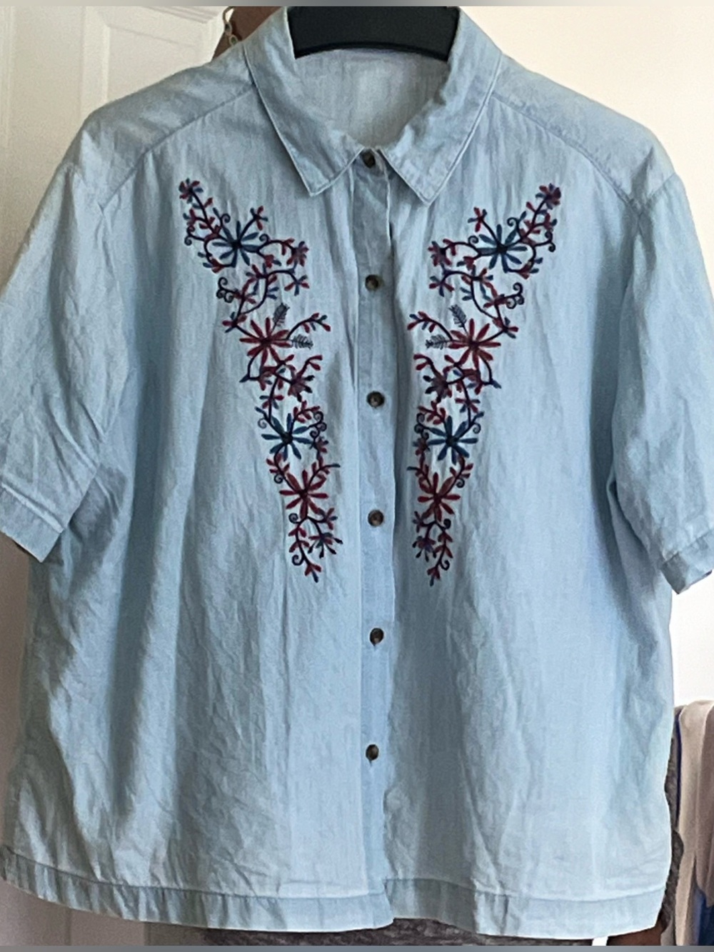 Light Blue Soft Cotton Embroidered Short-Sleeve Flowy Babydoll Button-Down Shirt
